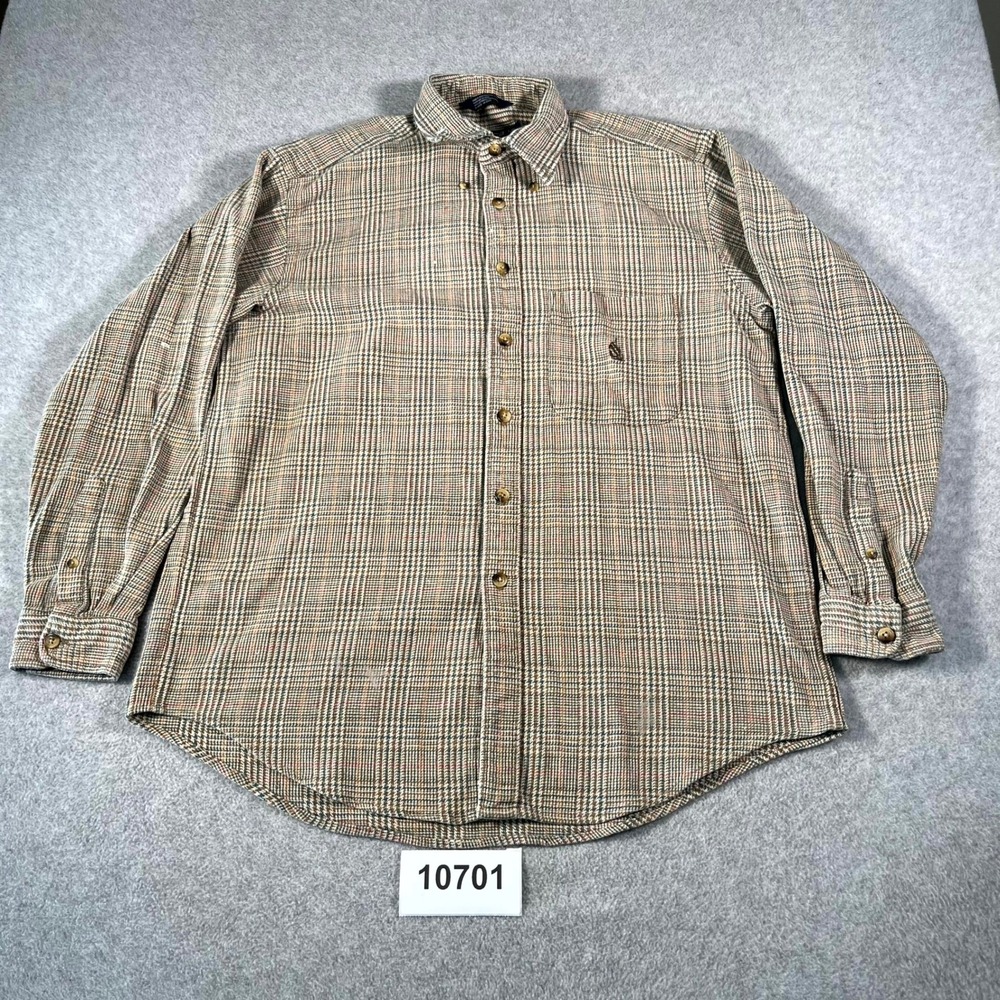 Nautica Flannel Shirt Mens Large Beige Houndstooth Cotton Collared Button‎ Down